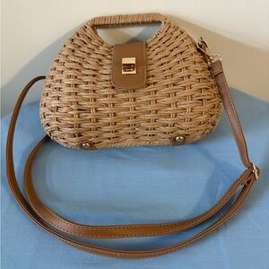 Brown Woven Handbag with Leather Strap